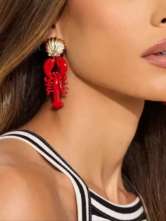Jewelry - New! Red Lobster Gold Shell Drop Earrings Crawfish ( 1005)